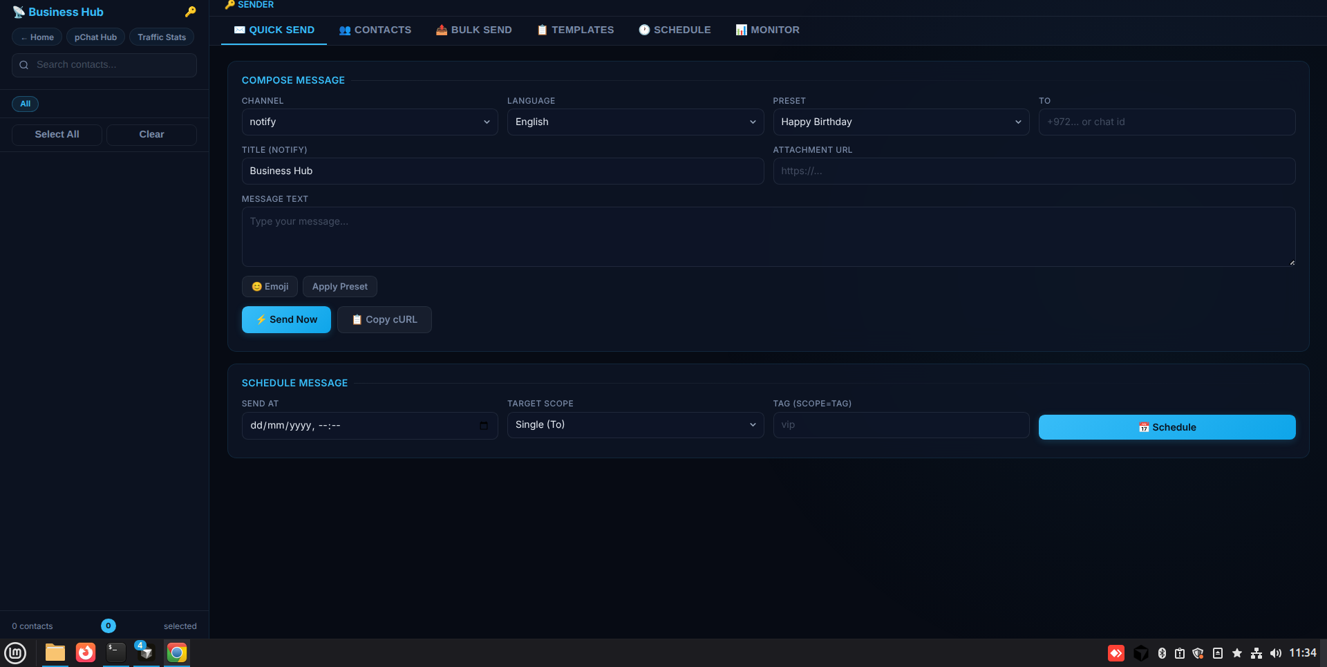 Business Hub operator console with Quick Send, Contacts, Bulk Send, Templates, Schedule, and Monitor tabs over the PhoneRelay messaging stack.