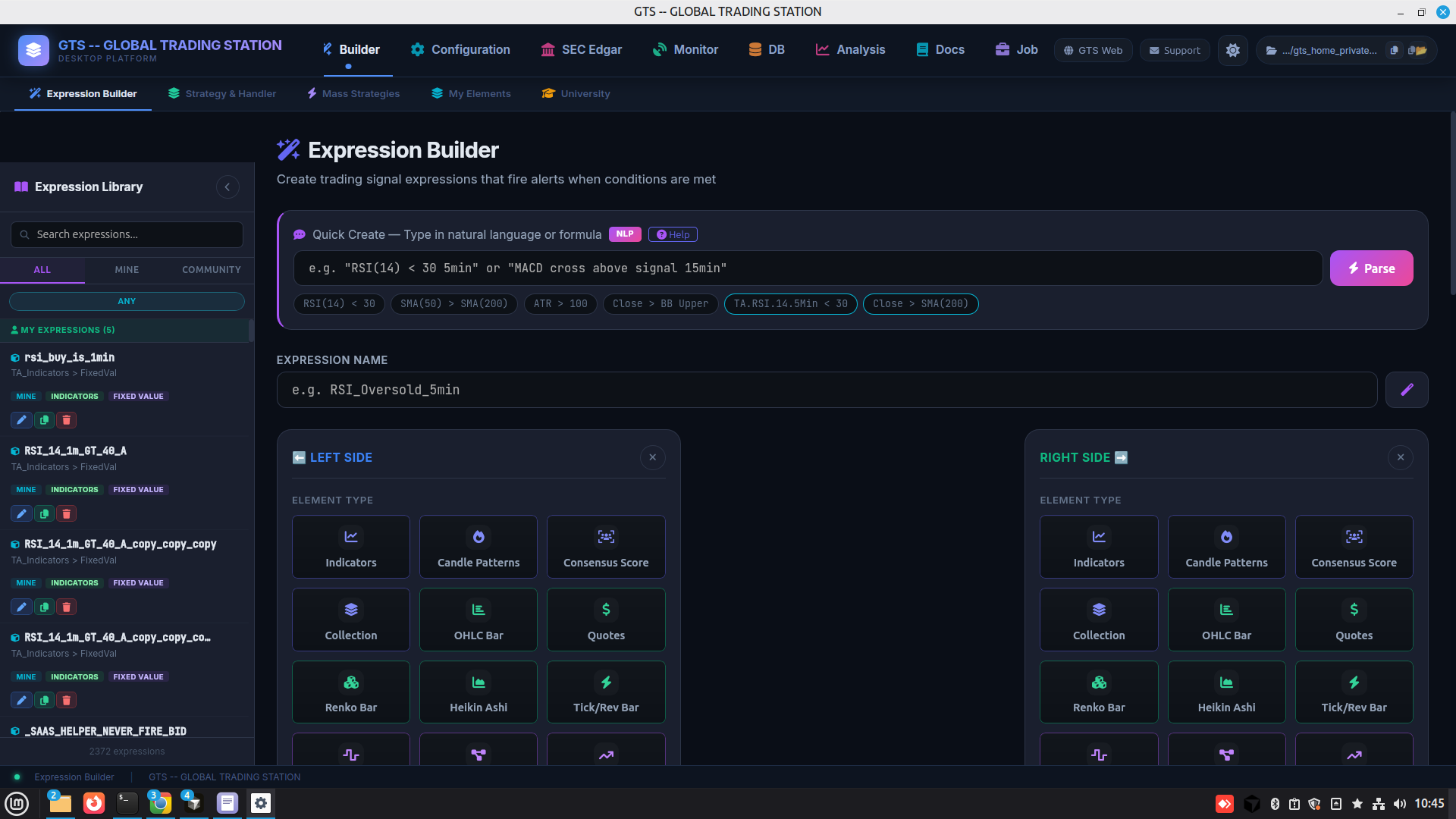 GTS Desk full station chrome — Builder, Configuration, SEC Edgar, Monitor, DB, Analysis, Docs, Job tabs over Expression Builder canvas.