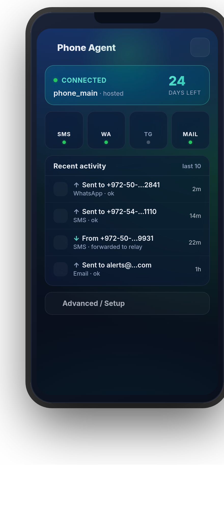 Phone Agent / PhoneRelay device-bridge app showing authorized messaging endpoints and live monitoring.